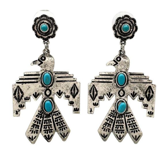 Metal Native Thunderbird Post Dangle Earrings in Red - Picture 7 of 8